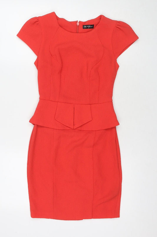 Additional front view of Miss Selfridge women’s red polyester a-line, size UK 6, round neck zip