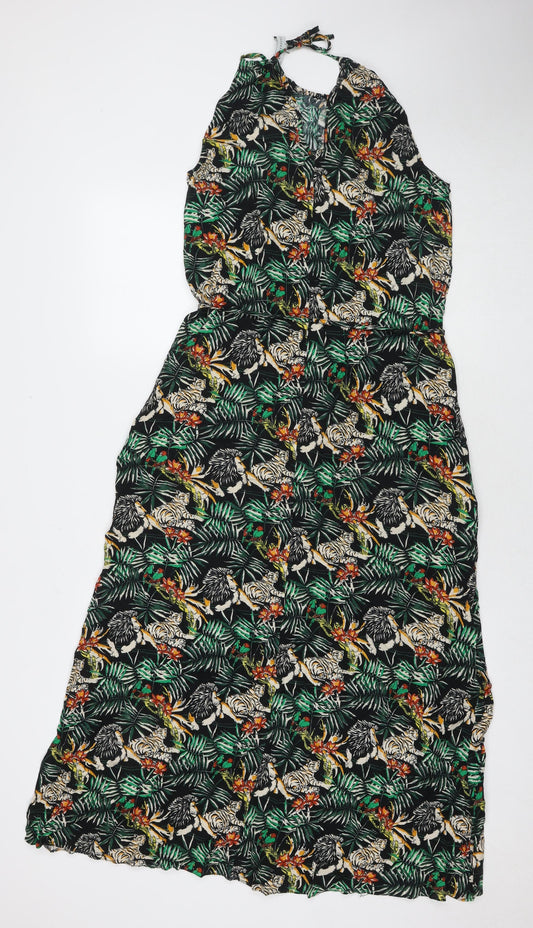 Warehouse Womens Green Floral Viscose A-Line Size 12 Square Neck Pullover
