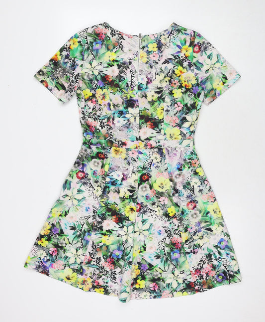 Warehouse Womens Multicoloured Floral Polyester Fit & Flare Size 10 Round Neck Zip