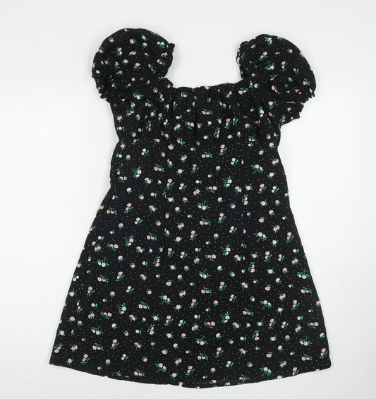 Divided by H&M Womens Black Floral Polyester A-Line Size 14 Square Neck Button