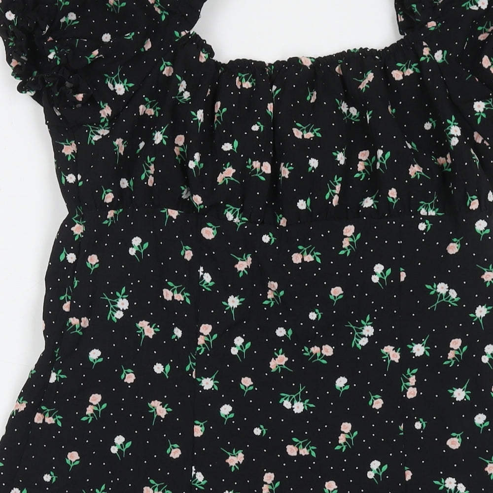 Divided by H&M Womens Black Floral Polyester A-Line Size 14 Square Neck Button