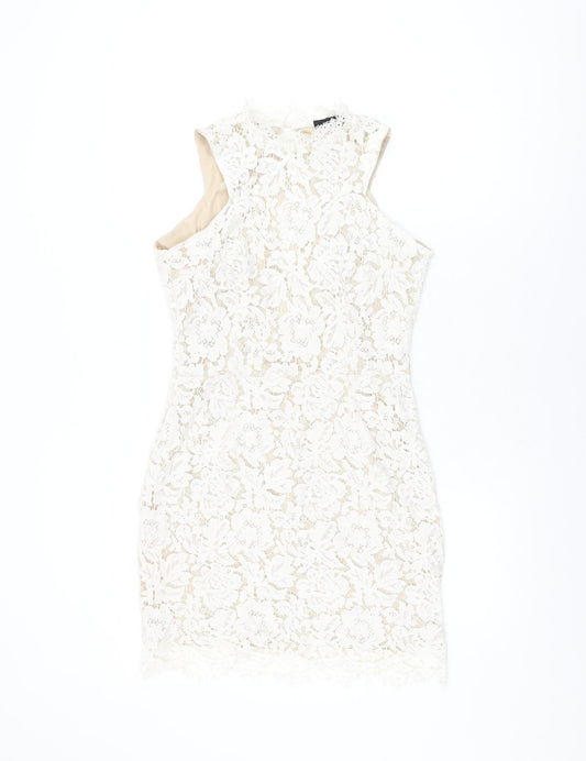 Additional front view of Missguided women’s white floral polyester bodycon, size UK 10, round neck zip
