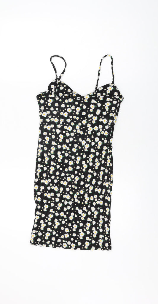 Bershka Womens Black Floral Viscose Mini Size M V-Neck Pullover