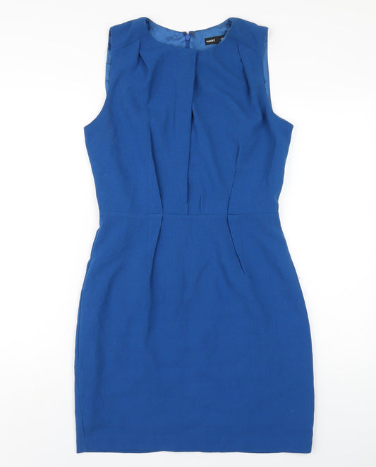 Warehouse Womens Blue Polyester Pencil Dress Size 12 Round Neck Zip