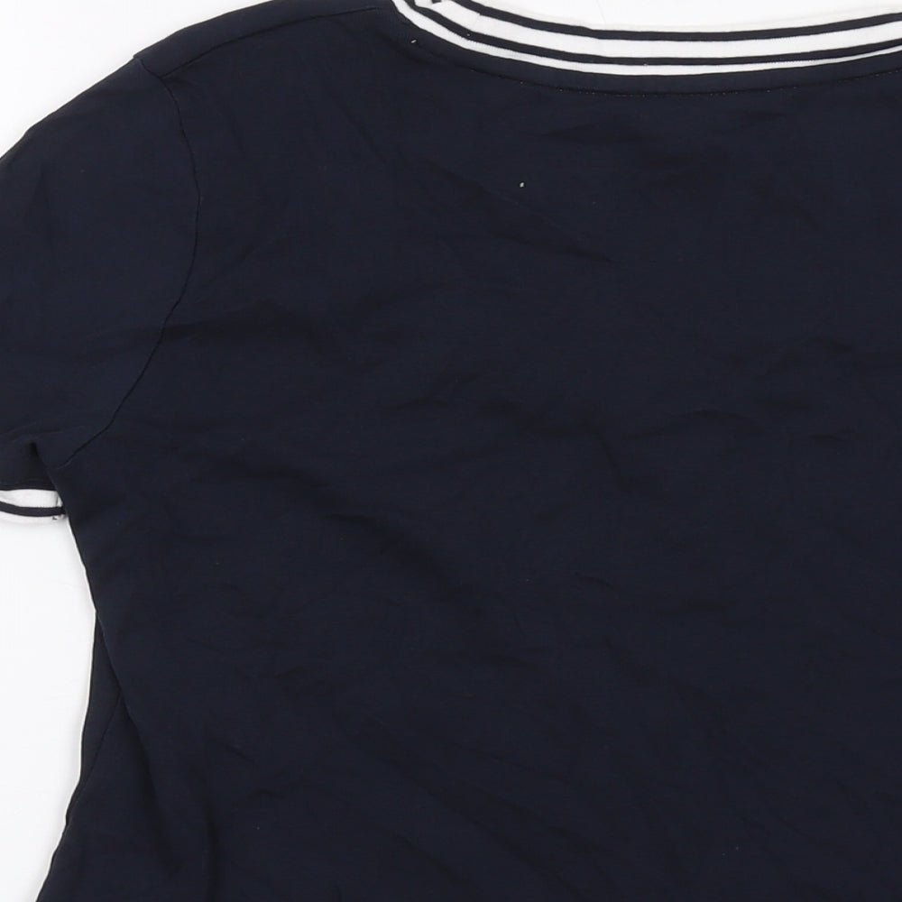 Brand and care label for Maine New England women’s blue cotton basic t-shirt, size UK 14, scoop neck
