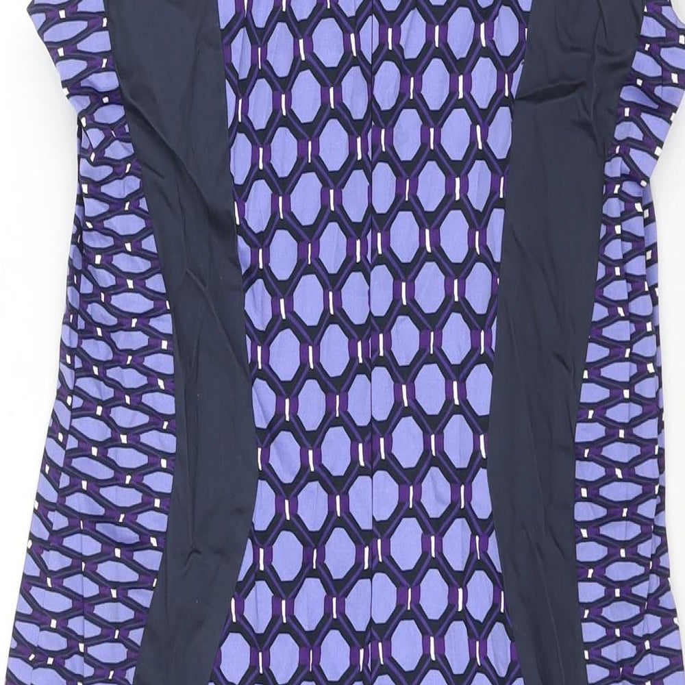 Brand and care label for French Connection women’s purple geometric cotton pencil dress, size UK 12, v-neck zip