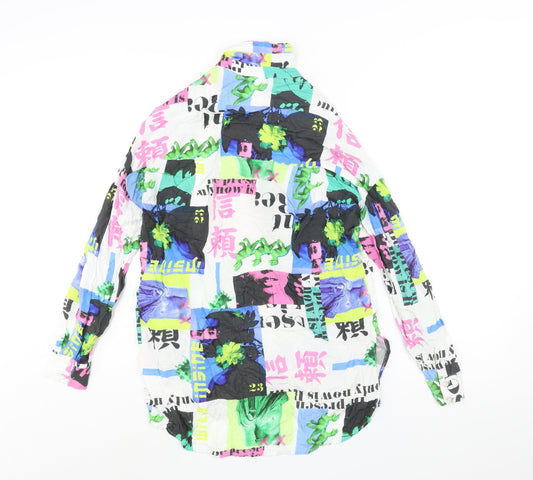 Bershka Womens Multicoloured Geometric Viscose Basic Button-Up Size XS Collared