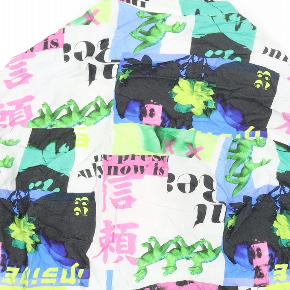 Bershka Womens Multicoloured Geometric Viscose Basic Button-Up Size XS Collared