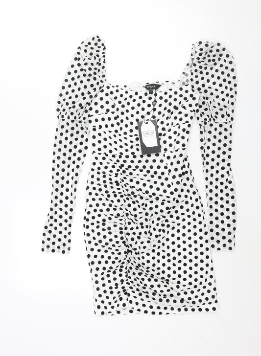 Naanaa Womens White Polka Dot Polyester Bodycon Size 8 Square Neck Zip - Rouched