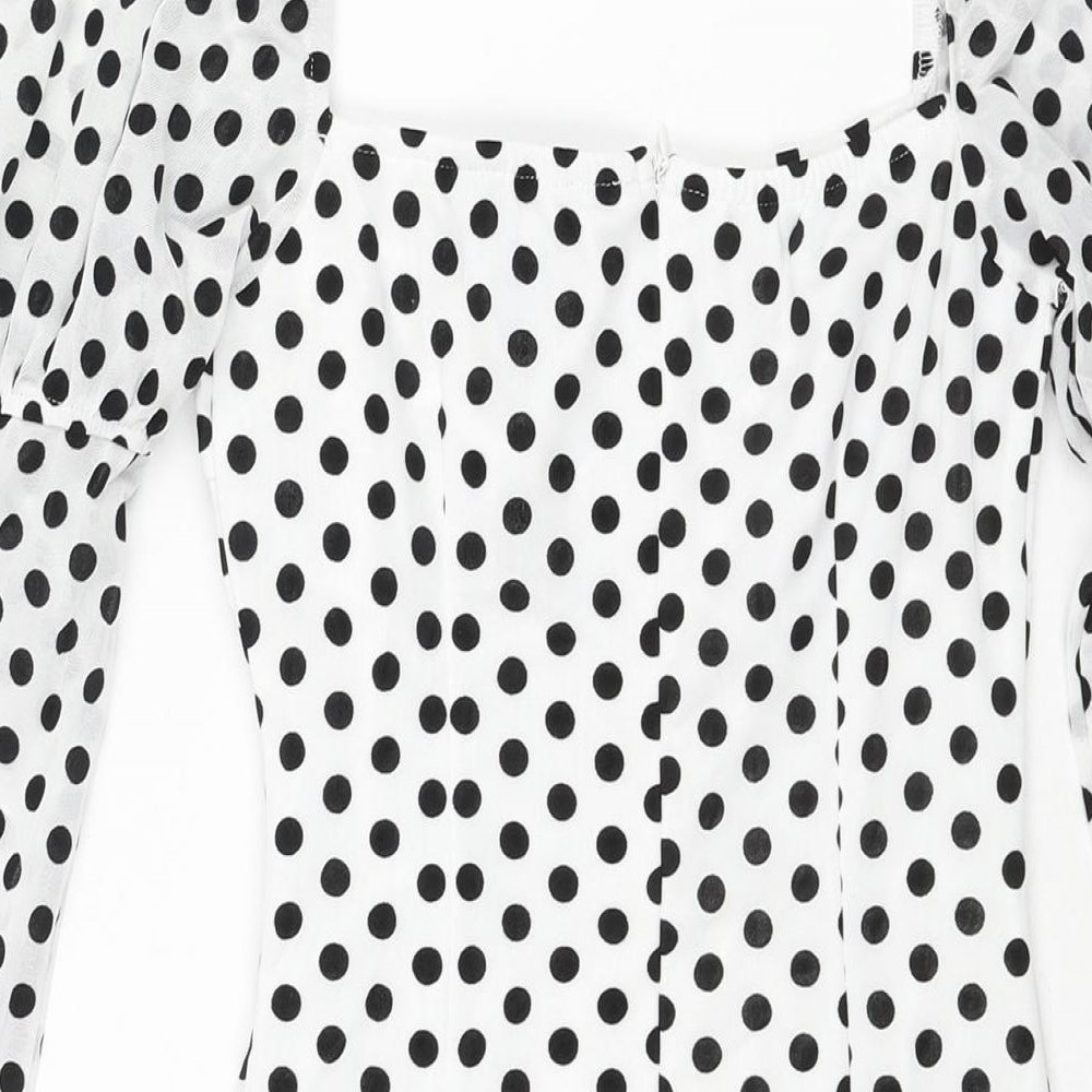 NaaNaa Womens White Polka Dot Polyester Bodycon Size 8 Square Neck Zip - Rouched