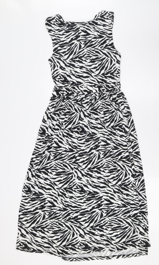 Warehouse Womens Black Animal Print Viscose A-Line Size 8 Round Neck
