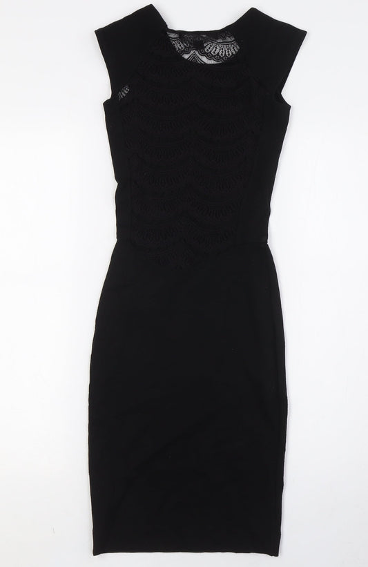 French Connection Womens Black Viscose Pencil Dress Size 6 Round Neck - Lace Back