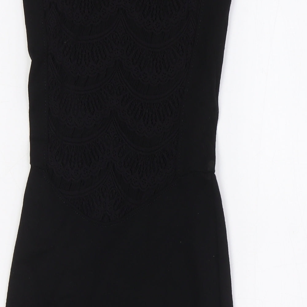 Brand and care label for French Connection women’s black viscose pencil dress, size UK 6, round neck - lace back