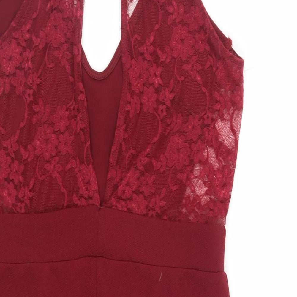 Boohoo Womens Red Polyester Mini Size 12 Scoop Neck Pullover - Lace Detail