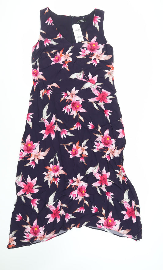 Additional front view of Wallis women’s purple floral viscose a-line, size UK 10, v-neck zip