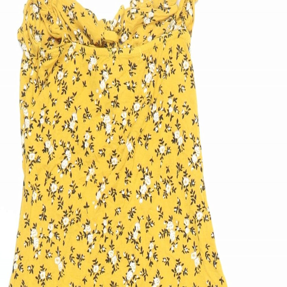 PRETTYLITTLETHING Womens Yellow Floral Viscose Mini Size 8 Round Neck Pullover