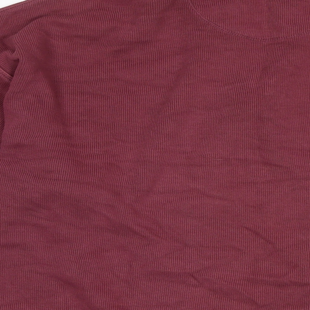 Brand and care label for Kirkland men’s purple mock neck cotton jumper, size M, long sleeve