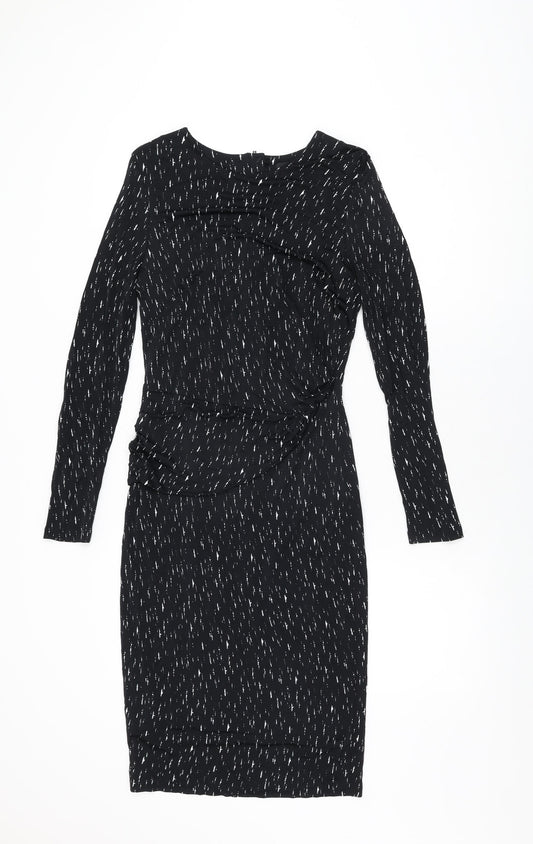 Additional front view of Autograph women’s black geometric viscose bodycon, size UK 12, round neck zip