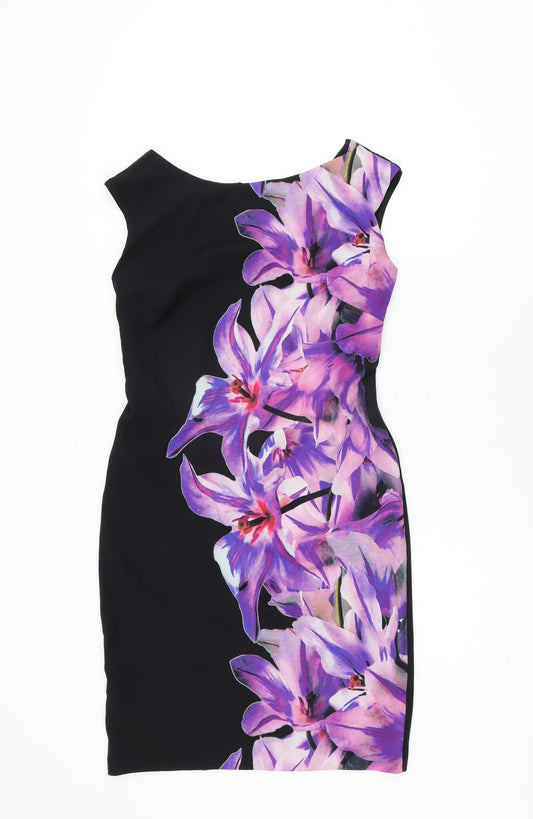 Additional front view of Roman women’s black floral polyester bodycon, size UK 12, boat neck zip
