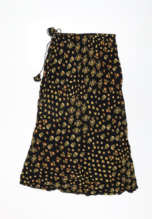 Additional front view of AND/OR women’s black floral viscose swing skirt, size UK 8, drawstring