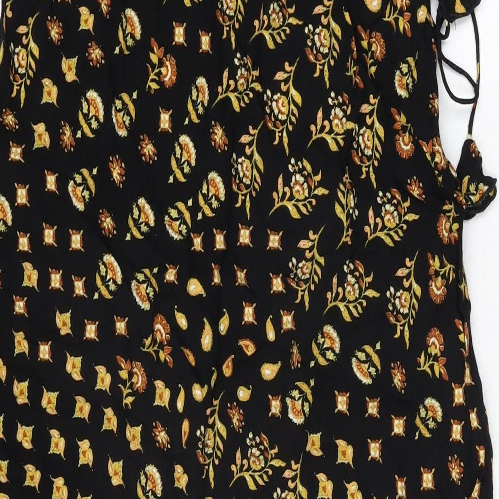 Brand and care label for AND/OR women’s black floral viscose swing skirt, size UK 8, drawstring