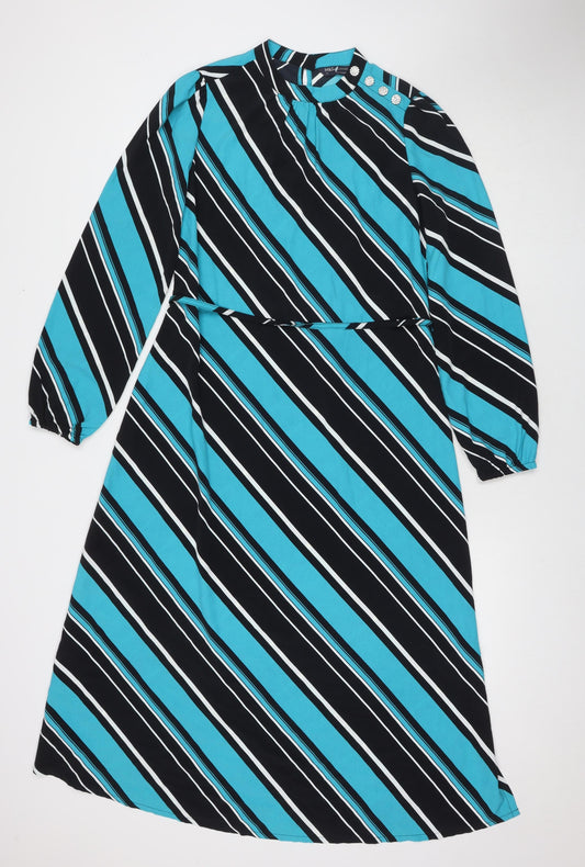 Marks and Spencer Womens Blue Striped Polyester Maxi Size 8 Round Neck Button