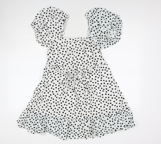 Additional front view of Miss Selfridge women’s white polka dot cotton a-line, size UK 10, square neck pullover
