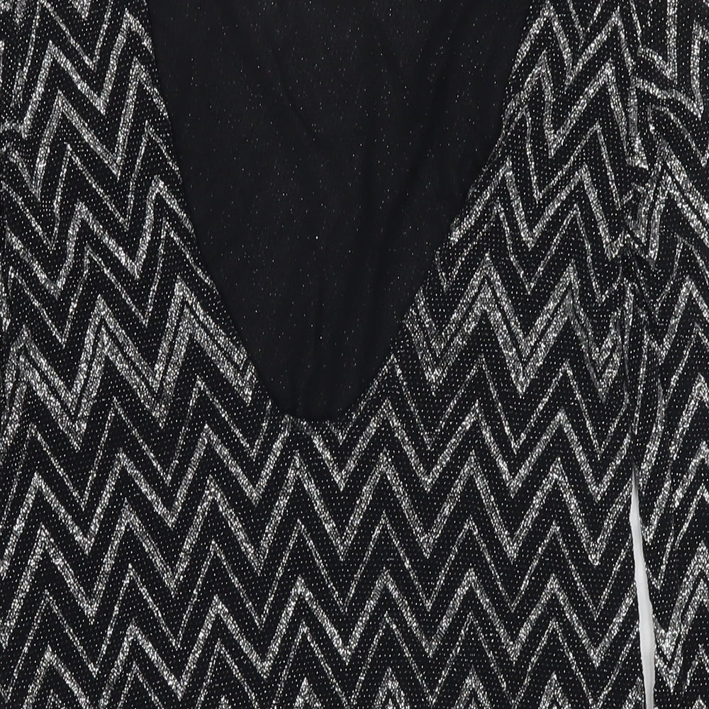 Boohoo Womens Black Geometric Polyester Basic Blouse Size 6 Round Neck