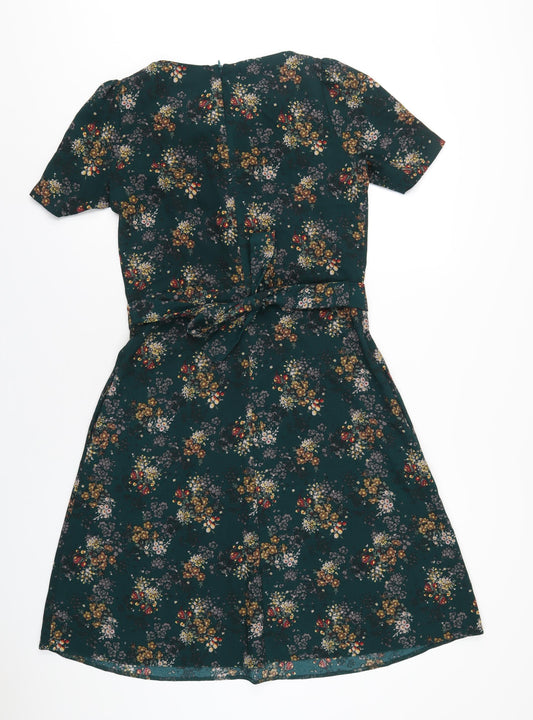 NEXT Womens Green Floral Polyester A-Line Size 8 Round Neck Zip