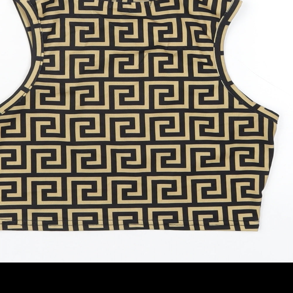 Brand and care label for I SAW IT FIRST women’s beige geometric polyester cropped tank, size UK 6, round neck