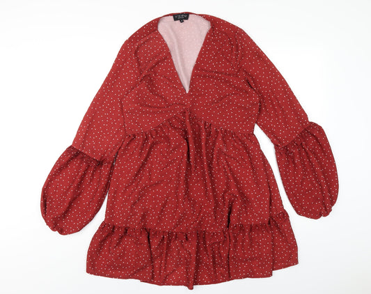 Additional front view of In the Style women’s red polka dot polyester a-line, size UK 10, v-neck pullover