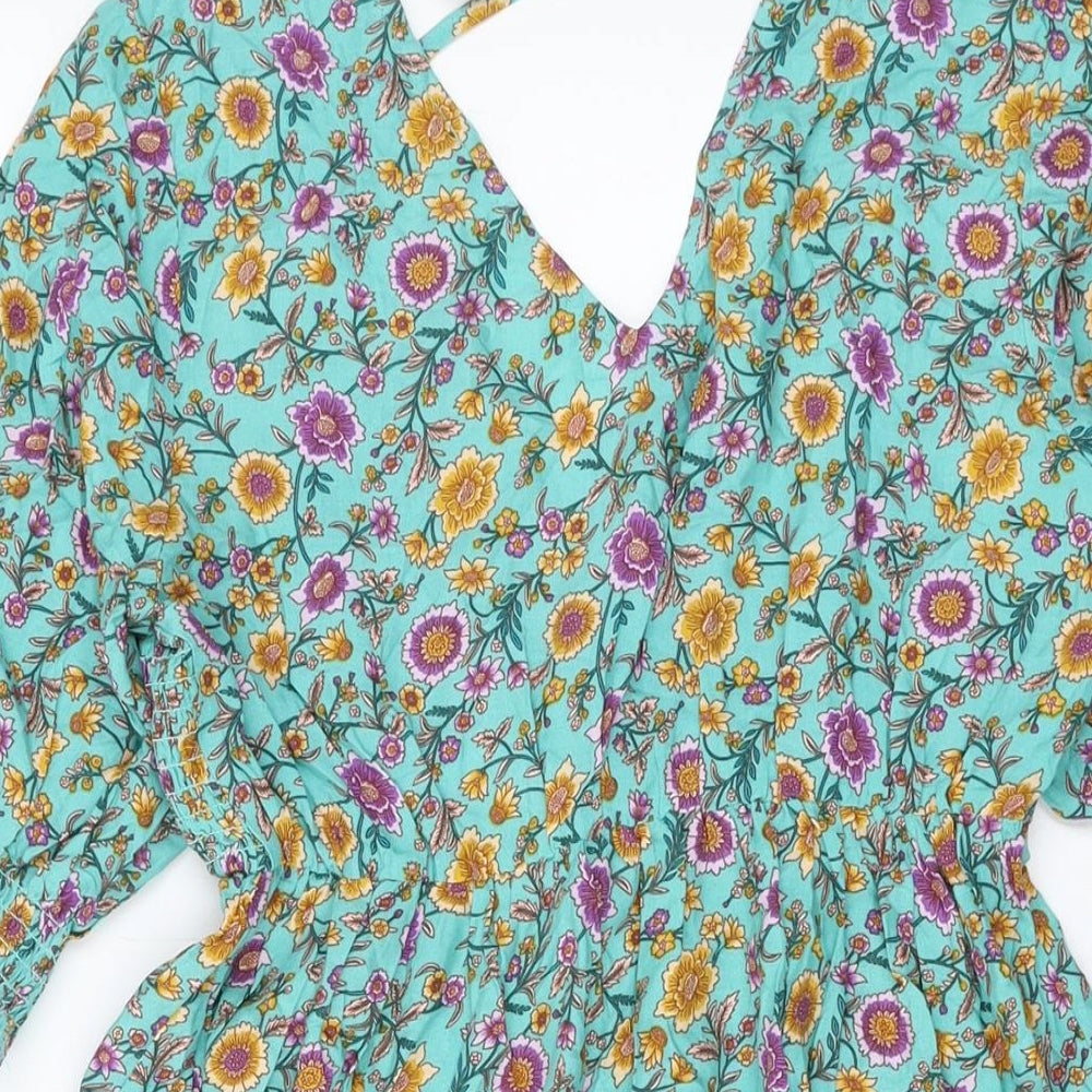 jjwm woman Womens Multicoloured Floral Cotton A-Line Size S V-Neck Tie