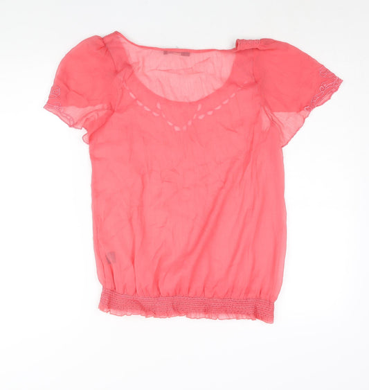 Oasis Womens Pink Polyester Basic Blouse Size 10 Scoop Neck - Embroidered Rouched