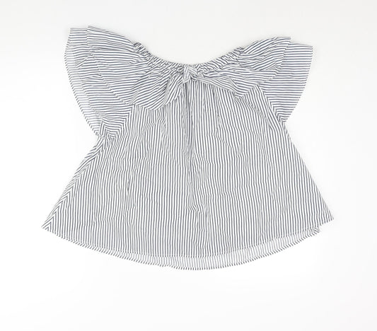 Boohoo Womens Blue Striped Polyester Basic Blouse Size 10 Boat Neck - Layered Frill