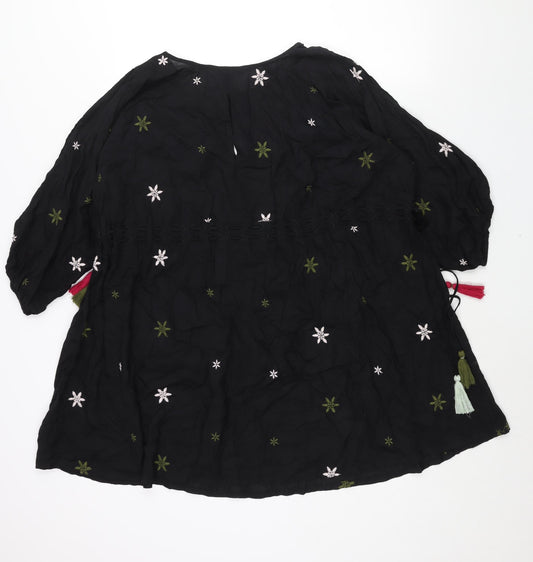 NEXT Womens Black Geometric Viscose Shift Size 12 Round Neck Tie - Drawstring Detail Tassle Embroidered