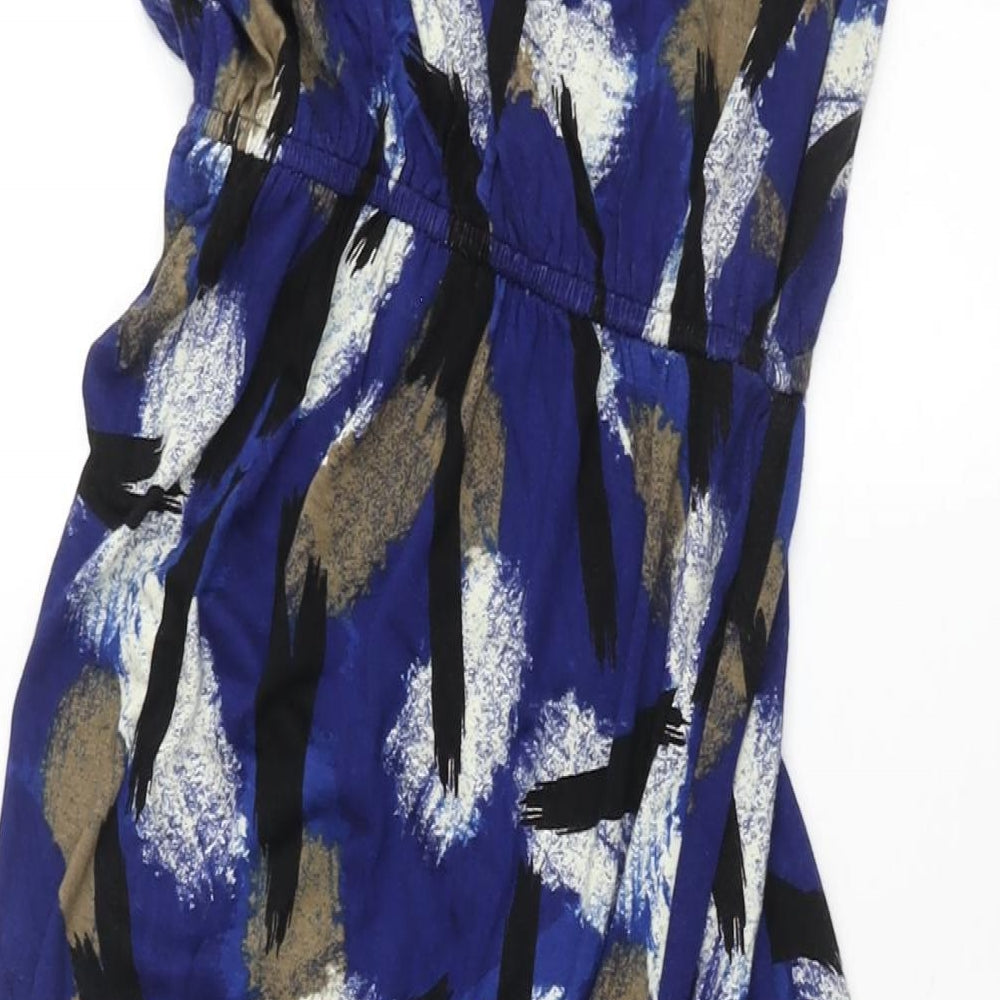 Bobeau Womens Blue Geometric Viscose Tank Dress Size 6 Round Neck Pullover - Drawstring Waist