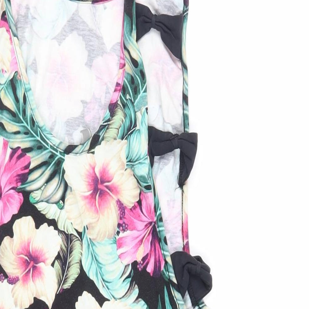 Brand and care label for ASOS women’s multicoloured floral cotton bodycon, size UK 8, round neck pullover - bow detail