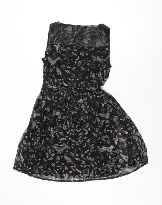 Dorothy Perkins Womens Black Floral Polyester Skater Dress Size 10 Round Neck Zip