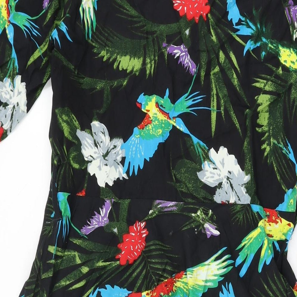 Elsie's Attic Womens Black Floral Cotton A-Line Size 10 V-Neck Zip