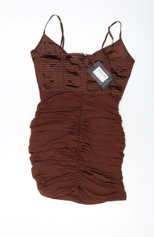 PRETTYLITTLETHING Womens Beige Polyester Mini Size 12 V-Neck Zip