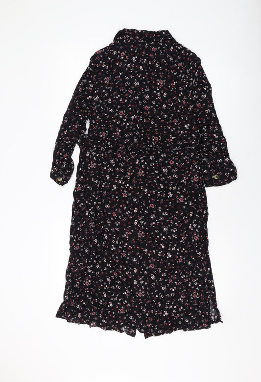 Principles Womens Black Floral Viscose A-Line Size 12 Collared Button