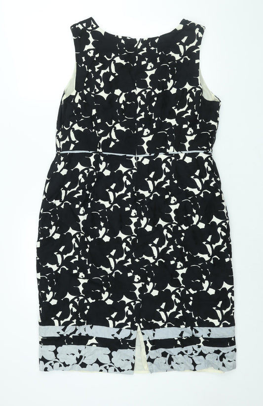 Betty Jackson Womens Black Geometric Cotton Sheath Size 18 Boat Neck Zip