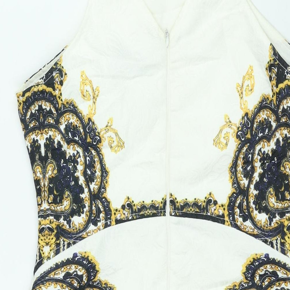 AX Paris Womens White Geometric Polyester A-Line Size 10 Square Neck Zip - Lace Trim