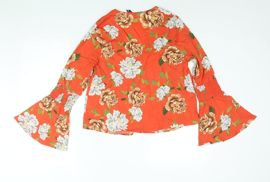 Influence Womens Red Floral Polyester Basic Blouse Size 12 V-Neck - Bell Sleeve
