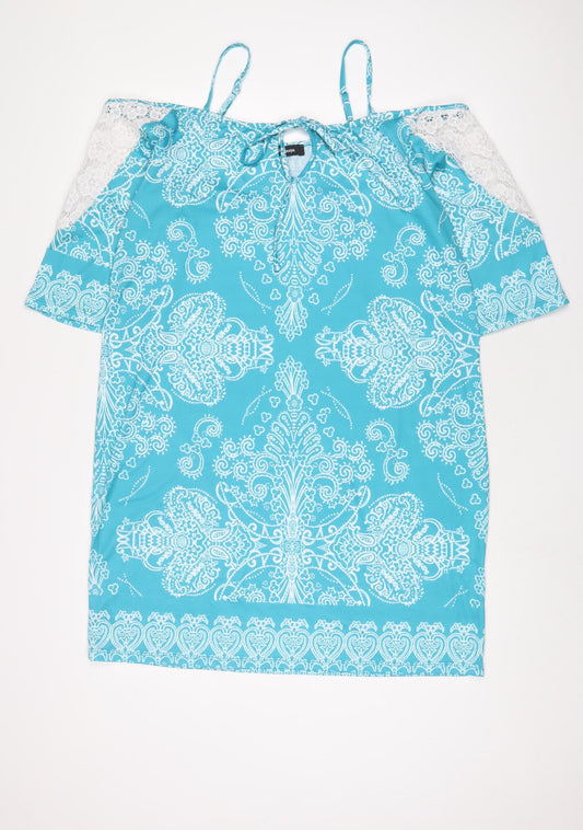 Additional front view of Kaleidoscope women’s blue fair isle polyester a-line, size UK 16, boat neck pullover - lace