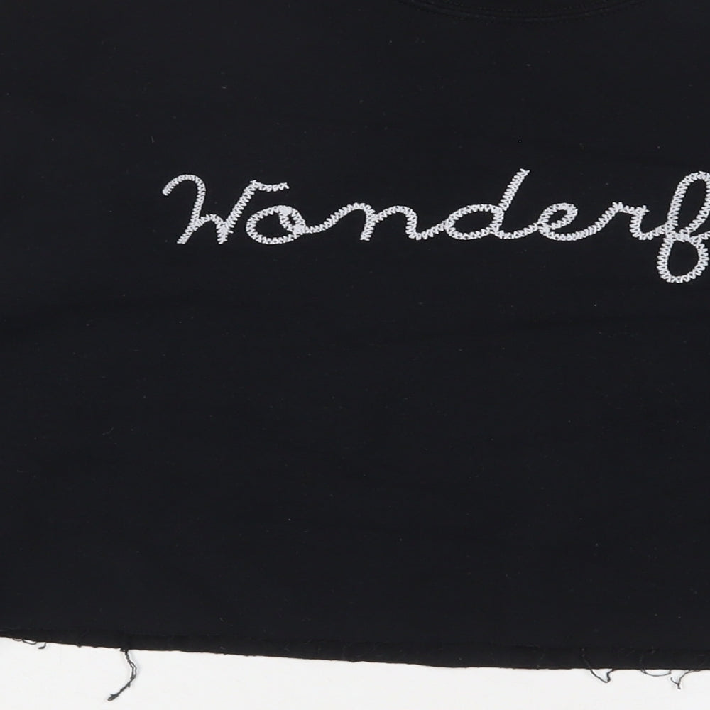 Brand and care label for Miss Selfridge women’s black cotton pullover sweatshirt, size M, pullover