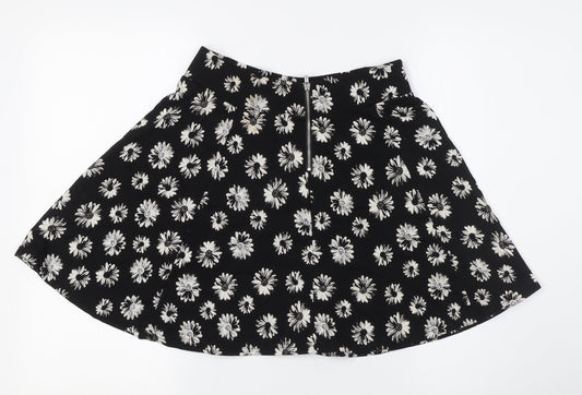 Divided by H&M Womens Black Floral Viscose A-Line Skirt Size S Zip