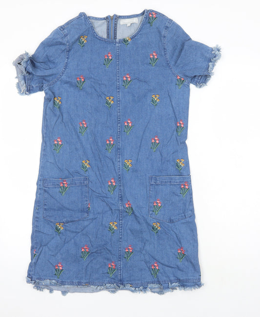 Additional front view of Red Herring women’s blue cotton sheath, size UK 10, round neck - embroidered flowers