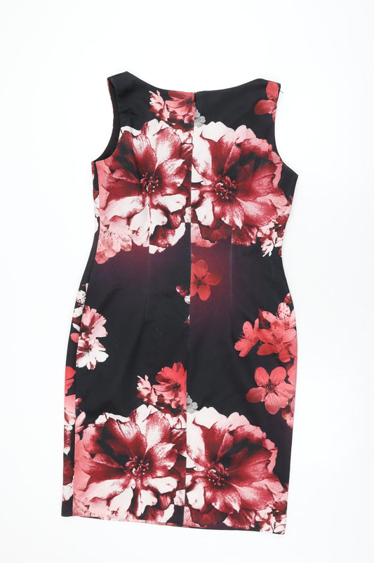 Bonmarché Womens Black Floral Polyester Bodycon Size 12 V-Neck Zip