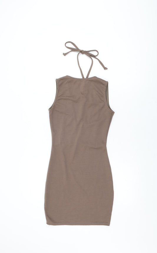 PRETTYLITTLETHING Womens Brown Polyester Bodycon Size 6 V-Neck Tie